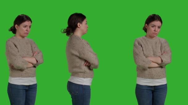 Depressed Frustrated Person Acting Sad Displeased Posing Green Screen Background — Stock Video