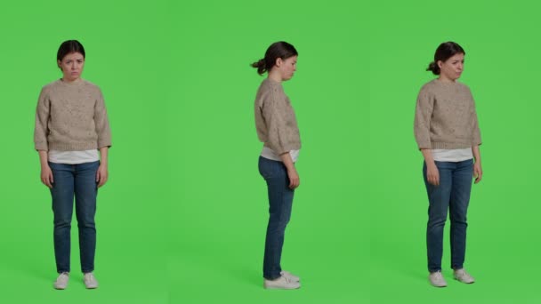 Displeased Person Acting Sad Discouraged Posing Isolated Greenscreen Backdrop Being — Stock Video