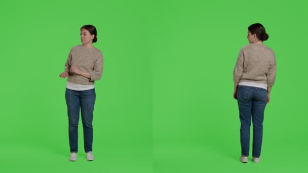 Beautiful Person Doing Pushing Motion Camera Trying Push Something Standing — Stock Video