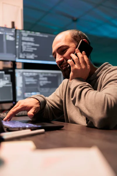System Engineer Answering Phone Call Late Night Talking Coders Smartphone — Stock Photo, Image