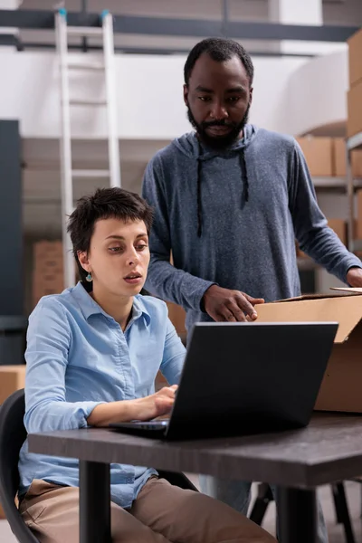 Diverse Team Looking Cargo Stock Laptop Computer Discussing Orders Production — Stock Photo, Image