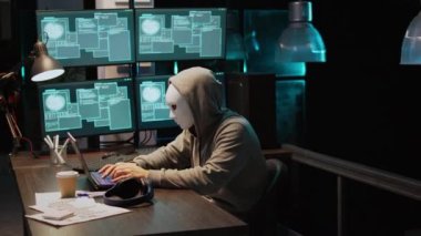 Geceleri bilgisayar sunucusunu maskeli bir suçlu hackliyor, bilgisayarla uğraşıyor ve bilgi çalmak için birden fazla monitör kullanıyor. Gizli kimliği olan bir bilgisayar korsanı tehlikeli davranıyor. El kamerasıyla..