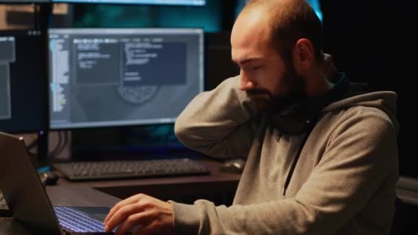Software Developer Dealing Spinal Discomfort Working Server Programming Sitting Office — Video