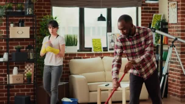 Mixed Race People Cleaning Household Tools Equipment Husband Mopping Floors — Vídeo de Stock