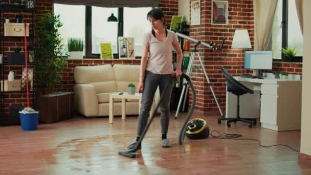 Young Woman Sweeping Dirt Mop Living Room Mopping Wooden Floors — Vídeo de Stock