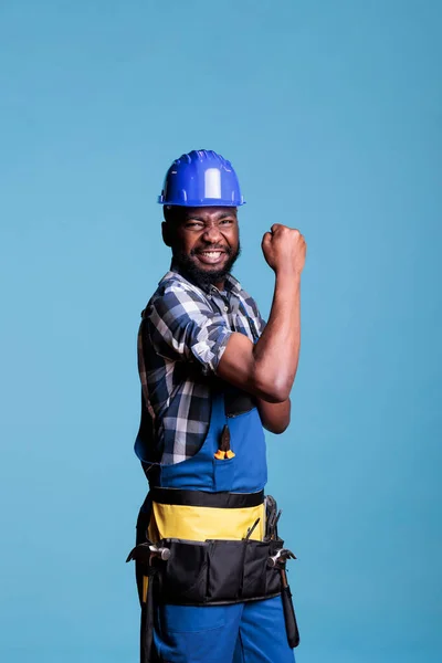 Strong Builder Flexing Biceps Triceps Muscles Camera Showing Masculinity Construction — Stock Photo, Image
