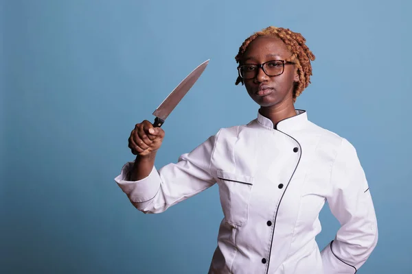 African American Female Chef Curly Hair Uniform Posing Sharp Knife — Stockfoto