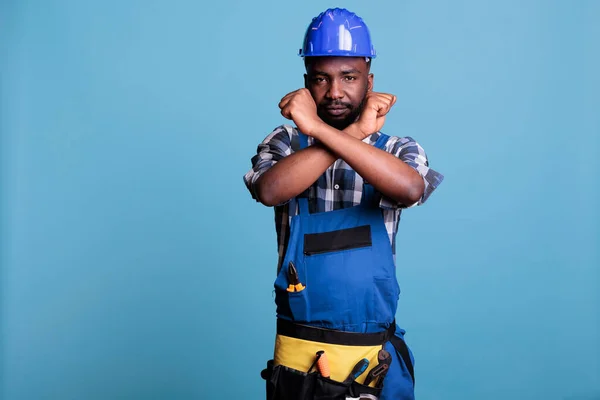 Disapproving African American Builder Making Stop Gesture Crossed Arms While — Stock Photo, Image