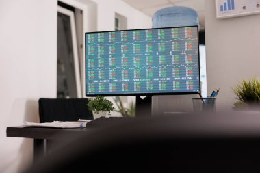 Empty workplace with the investment application displays forex buy and sell chart on the desktop screen. Trading platform running on computer, trading market concept.