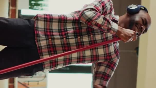 Vertical Video African American Man Dancing Using Mop Wash Floors — Stockvideo
