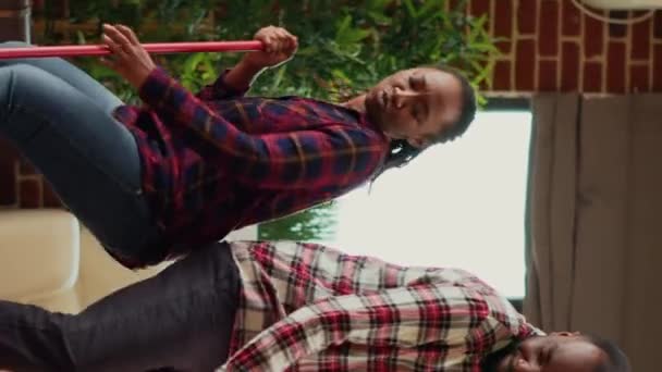 Vertical Video Active People Dancing Doing Housework Together Having Fun — Stok video