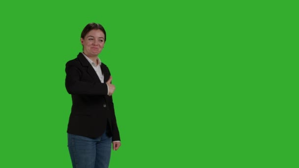 Side View Positive Woman Giving Thumbs Greenscreen Backdrop Expressing Okay — Stockvideo