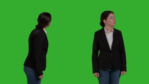Close Caucasian Worker Office Suit Standing Greenscreen Background Waiting Studio — Stok video