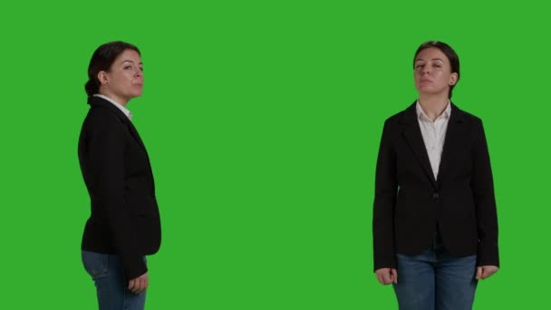 Stylish Businesswoman Wearing Formal Suit Studio Standing Waiting Greenscreen Backdrop — Stok video