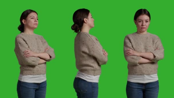 Close Smiling Person Sweater Acting Lovely Isolated Greenscreen Backdrop Studio — Video
