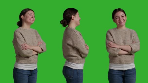 Close Cheerful Girl Wearing Sweater Acting Lovely Isolated Greenscreen Backdrop — Video