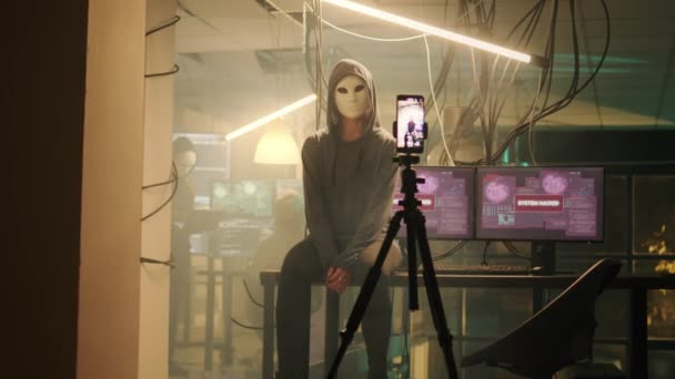 Diverse Team Criminals Hiding Identity While Filming Threat Video Asking — Vídeos de Stock
