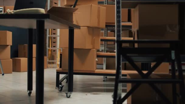 Storage Room Area Filled Products Packed Boxes Placed Shelves Racks — Stockvideo