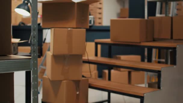 Startup Storehouse Filled Merchandise Ship Clients Products Cardboard Packages Used — Stockvideo
