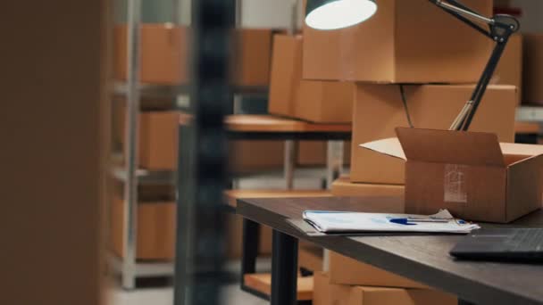 Warehouse Filled Racks Shelves Put Cardboard Boxes Preparing Packages Merchandise — Video