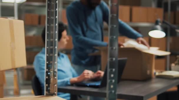 Små Virksomhedsejere Gør Kvalitetskontrol Før Forsendelse Produkter Ordre Pakning Merchandise – Stock-video