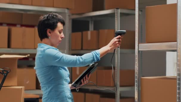 Business Owner Scanning Stock Storehouse Shelves Working Scanner Inventory Check — Vídeo de Stock