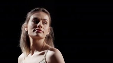 Caucasian woman feeling flawless and uplifting in new beauty ad campaign, embracing imperfections with natural skin. Female model posing with confidence in studio, body positivity.