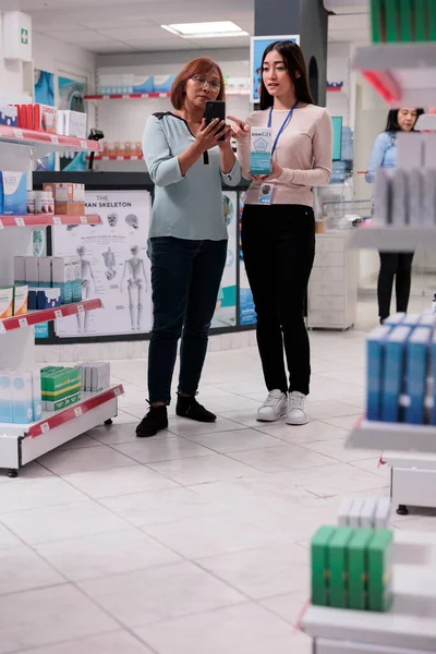 Client Showing Medicine Smartphone Assistant Asking Pharmaceutical Products Buy Drugstore — Stock Photo, Image
