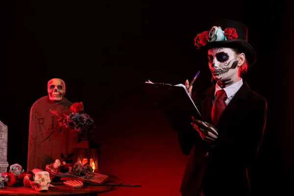 Santa Muerte Taking Notes Clipboard Files Wearing Halloween Dios Los — Stock Photo, Image