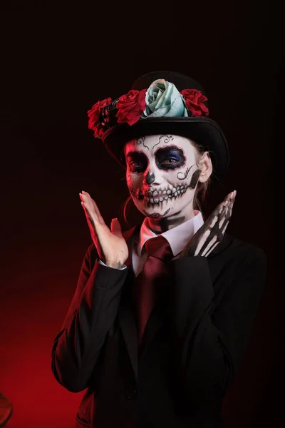 Smiling Woman Costume Skull Make Celebrating Traditional Mexican Holiday Goddess — Stock Photo, Image