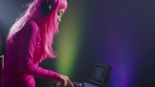 Artist Creating Musical Performance Techno Music Using Professional Mixer Console — Vídeos de Stock