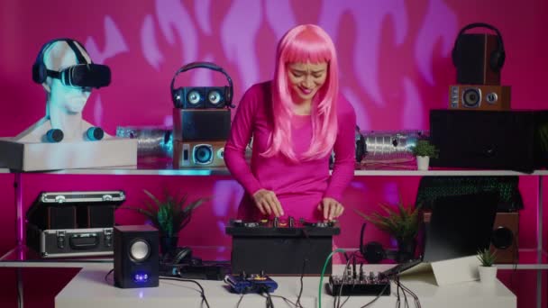 Artist Controlling Music Rhythm Using Professional Mixer Enjoying Mixing Electronic — Stock video