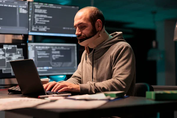 Male Web Developer Medical Neck Collar Programming Code Office Feeling — Stok fotoğraf