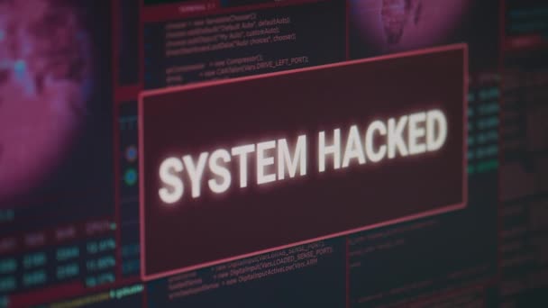ハッキングされたシステムアラートメッセージを示すコンピュータモニタが画面に点滅し ハッキングやサイバー犯罪攻撃に対処します セキュリティ違反警告とマルウェアの脅威で表示します 閉じろ — ストック動画