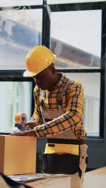 Vertical Video African American Men Packing Products Boxes Using Warehouse — Wideo stockowe
