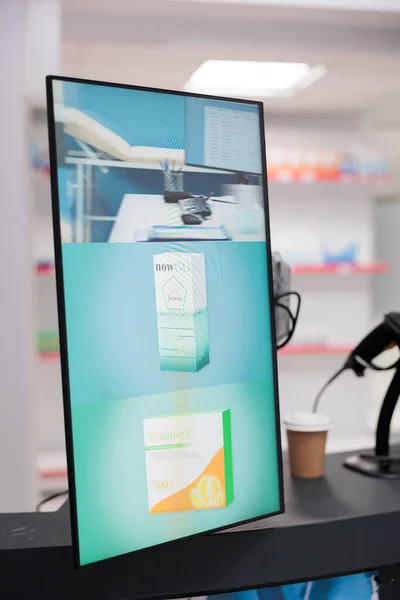 Health Care Facility Counter Desk Shelves Showing Drugstore Adds Pharmaceutical — Stock Photo, Image