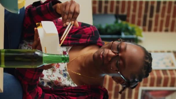 Vertical Video Young Adult Eating Noodles Fast Food Delivery Box — Video