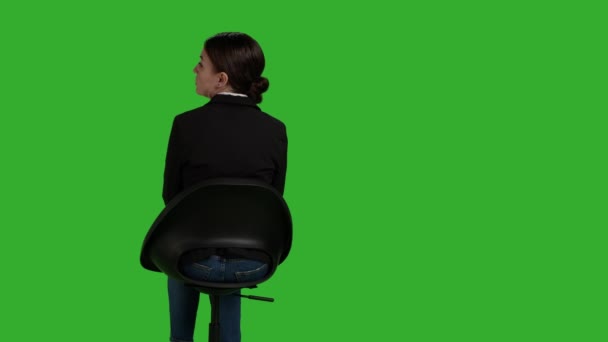 Back View Corporate Worker Sitting Chair Waiting Camera Wearing Formal — Video