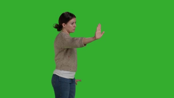 Side View Young Woman Raising Palm Rejection Gesture Expressing Disapproval — Vídeos de Stock