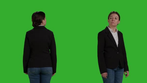 Confident Happy Woman Wearing Office Suit Studio Standing Waiting Greenscreen — Vídeos de Stock