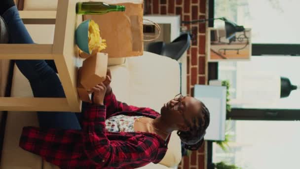 Vertical Video Happy Woman Preparing Cheeseburger Fries Eating Fast Food — Stockvideo