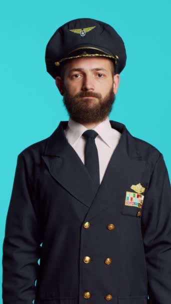 Vertical Video Male Model Wearing Pilot Uniform Hat Camera Having — Vídeo de Stock