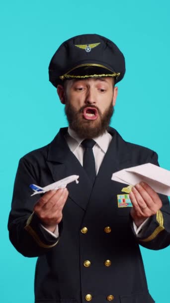 Vertical Video Aircrew Captain Playing Paper Toy Airplane Having Fun — Wideo stockowe