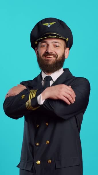 Vertical Video Portrait Smiling Aircrew Captain Posing Camera Acting Positive — Stockvideo