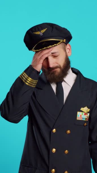 Vertical Video Sick Airplane Pilot Suffering Headache Being Worried Painful — Vídeo de Stock