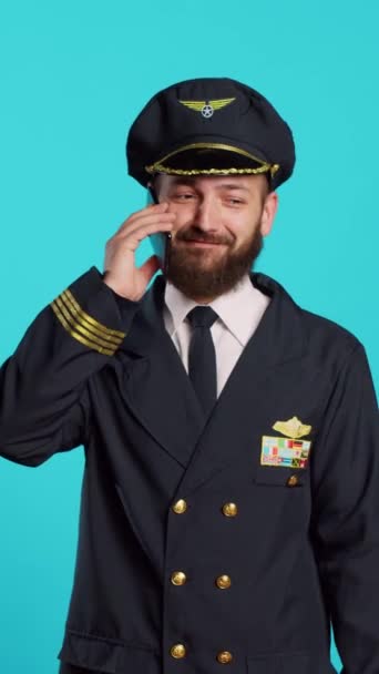 Vertical Video Male Aviator Talking Smartphone Call Laughing Feeling Positive — Stock videók