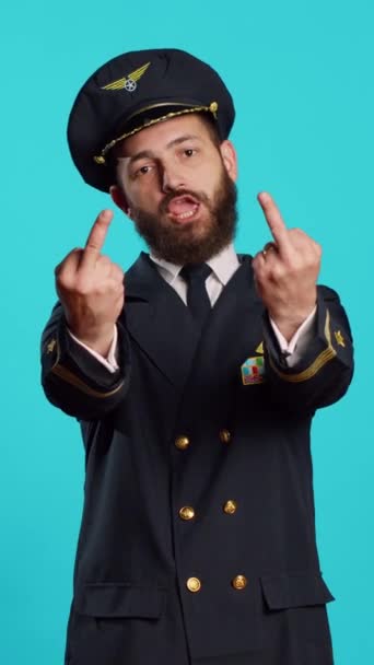 Vertical Video Caucasian Airline Captain Showing Middle Fingers Camera Advertising — Stockvideo