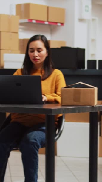 Vertical Video Young Startup Owner Working Laptop Plan Logistics Preparing — Stock video