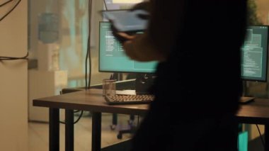 Professional web thief using malware to access system and steal sensitive information. Hacker doing phishing and planting virus to create security breach, hacktivism and cryptojacking.
