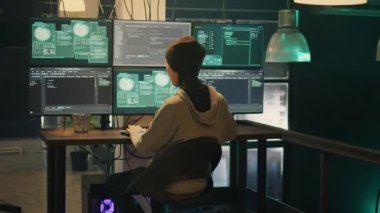 Team of cyber thieves using dark web to steal government data late at night, breaking firewall encryption. Hackers using trojan virus to create computer malware break network system.